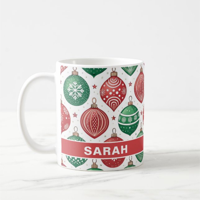 Mug Ornements Rouges & Verts Étoiles Noël (Gauche)