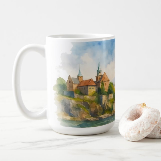 Mug Oslo Norway Watercolor, Scandinavian Cityscape Art (Avec donut)