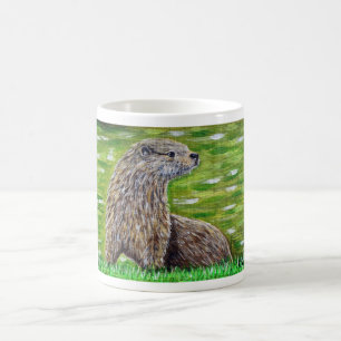 Mug Otter sur une peinture de rive d'une rivière