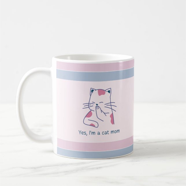 Mug Oui, je suis une maman chatte rose et bleu rayé (Gauche)