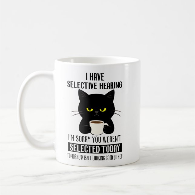 Mug Ouïe Sélective – Chat Noir Grincheux Humour Café (Gauche)