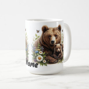 Mug Ours Brown avec des oursons dans une prairie flora