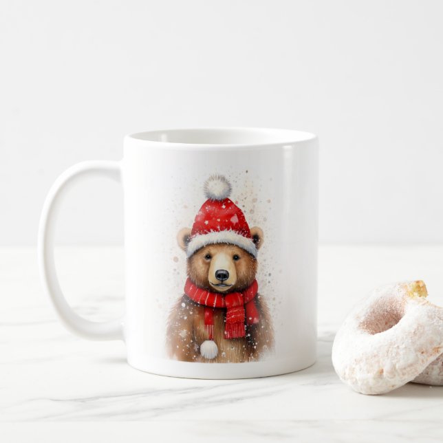 Mug Ours d'hiver dans un Casquette rouge cosy (Avec donut)