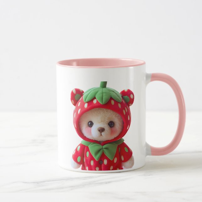 Mug Ours en peluche avec capuche déguisé en fraise. (Droite)