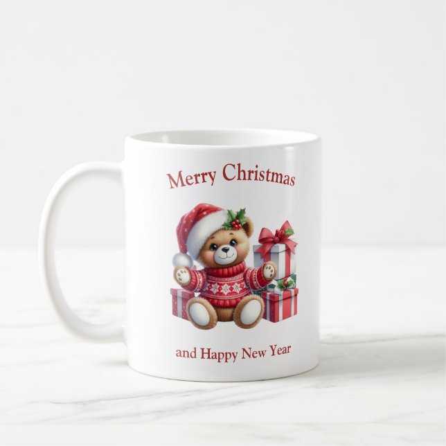 Mug Ours en peluche de Noël avec cadeaux et gui (Gauche)