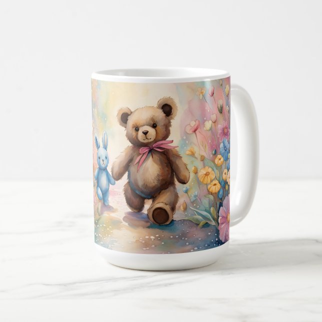 Mug Ours en peluche et lapin dans un jardin pastel (Devant droit)