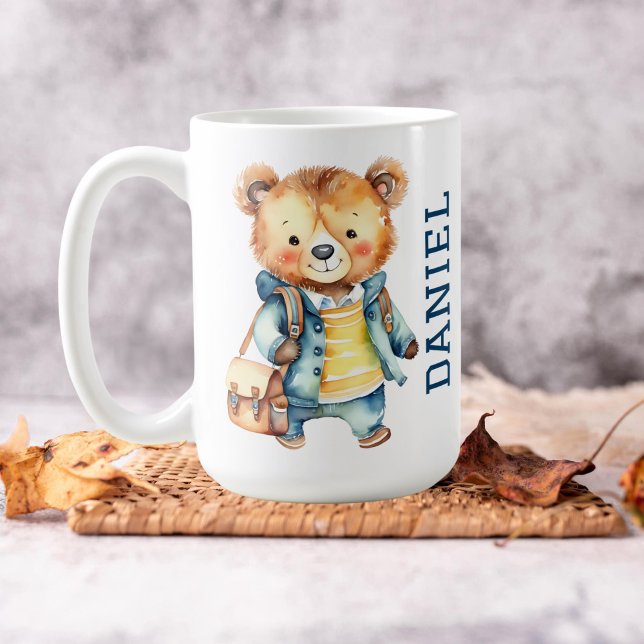 Mug Ours en peluche mignon de première année dans le s (Hello first grade cute teddy bear in a jacket and school bag personalized name mug gifts for boys)