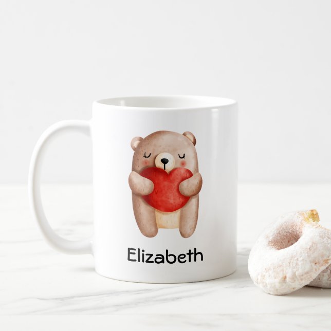 Mug Ours en peluche mignon portant un coeur rouge (Avec donut)