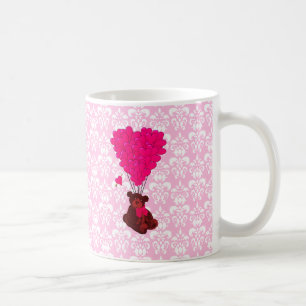 Mug Ours et ballons de coeur sur damas rose