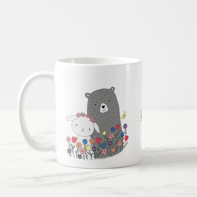 Mug Ours et lapin aux fleurs Nom personnalisé (Gauche)