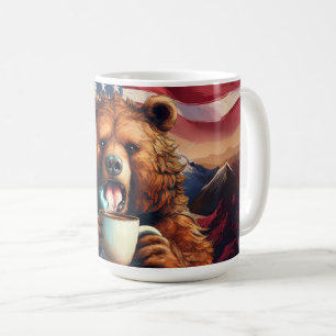 Mug Ours Grizzly Patriotique Buvant du Café