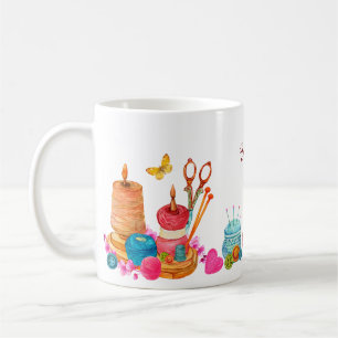 Mug Outils de couture pêche aquarelle nom personnalisé
