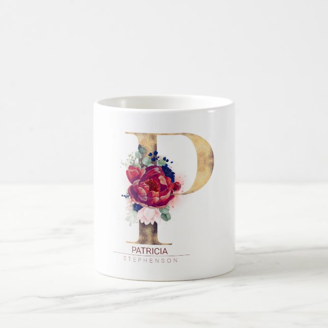 Mug P Monogramme Floral Bourgogne Rouge et bleu marine (Centre)