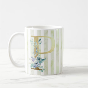 Mug P, rayures bleues et blanches initiales dorées,