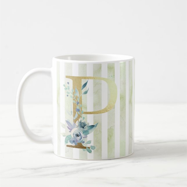 Mug P, rayures bleues et blanches initiales dorées, (Gauche)