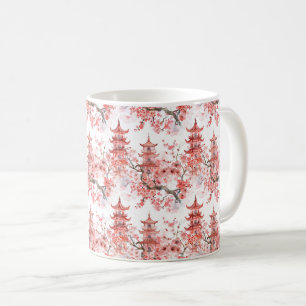 Mug Pagode asiatique vintage Fleurs roses Art Scénique