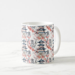 Mug Pagode chinoise aquarelle aux fleurs de cerisiers 
