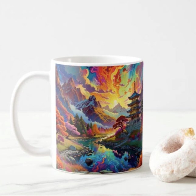 Mug Pagode et paysage coloré (Vibrant Pagoda  Fantasy Landscape mug available in 11 oz & 15 oz. Microwave and dishwasher safe.)