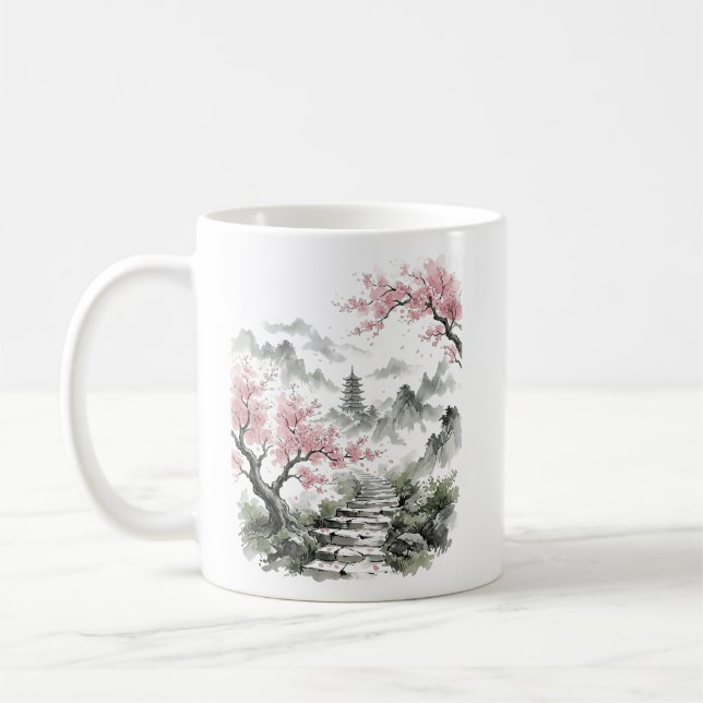 Mug Pagode Fleur de Cerisier Japonais Aquarelle (Gauche)