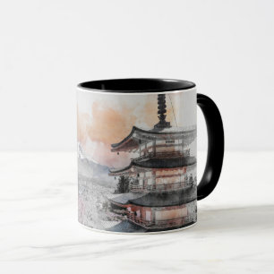 Mug Pagode japonaise et Fuji à l'aquarelle 