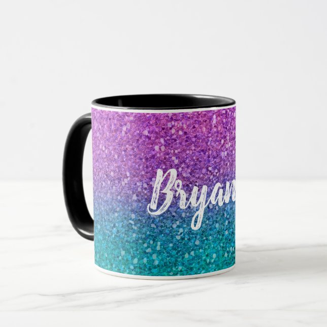 Mug Pailleté Rose Turquoise Aqua Bleu Et Violet (Devant gauche)