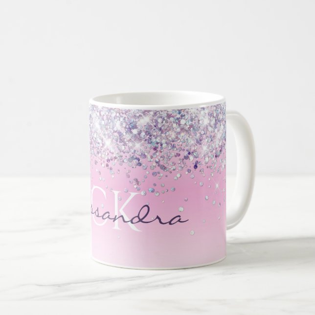 Mug Pailleté Violet Monogrammé Rose Féminin (Devant droit)