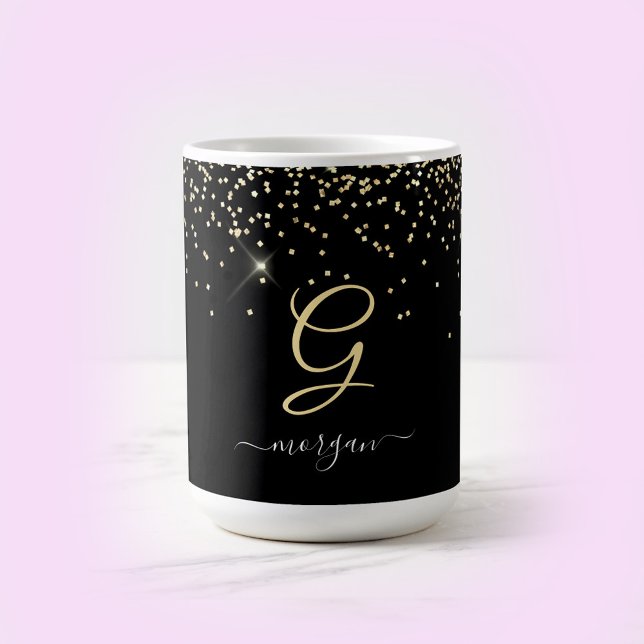 Mug Paillettes dorées et monogramme Nom en écriture bl (Créateur téléchargé)