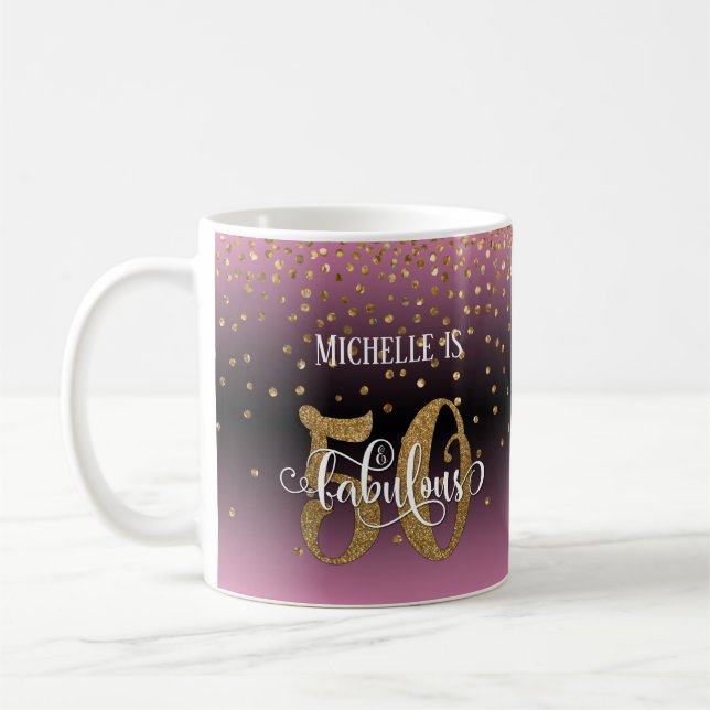 Mug Paillettes et écriture 50 et fabuleuse, ombre rose (Gauche)