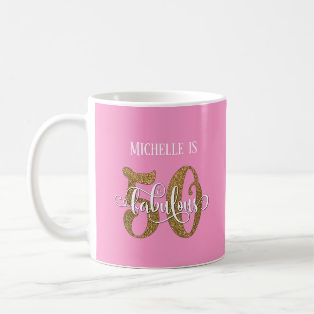 Mug Paillettes et écriture 50 et Fabuleuse sur fond ro (Gauche)