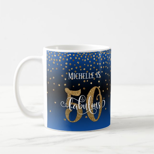 Mug Paillettes et écriture 50 et fabuleux, ombre bleu  (Gauche)