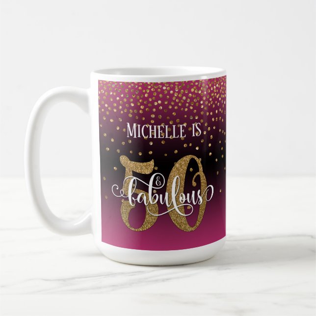 Mug Paillettes et écriture 50 et fabuleux, ombré rose  (Gauche)