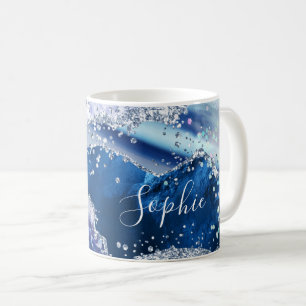 Mug Paillettes Faux Holo Agate Bleue Élégante