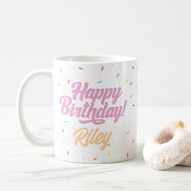 Mug Paillettes rose et arc-en-ciel personnalisables An (Avec donut)