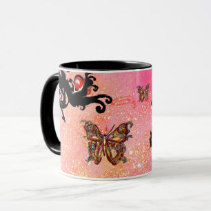 Mug Paillettes roses de papillon, monogramme floral no