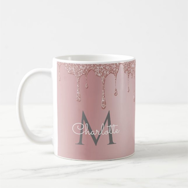 Mug Paillettes roses élégantes monogramme script girly (Gauche)