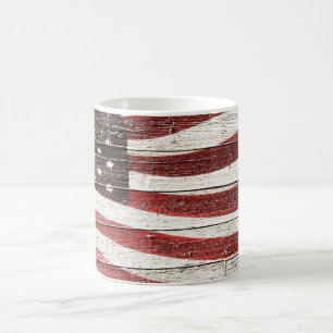 Mug Painted American Flag on Rustic Wood Texture