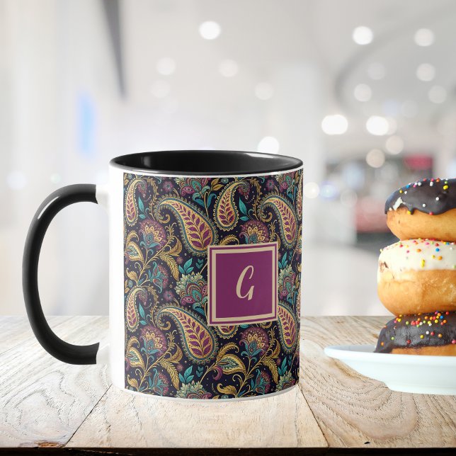 Mug Paisley Vintage Look Black Purple Monogram Initial (Créateur téléchargé)