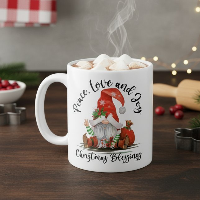 Mug Paix, Amour & Joie, Blessures de Noël Gnome mignon (Peace, Love & Joy, Cute Gnome Christmas Blessings Coffee Mug)