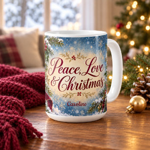 Mug Paix Amour Noël Cloches dorées et Nœud Bourguignon