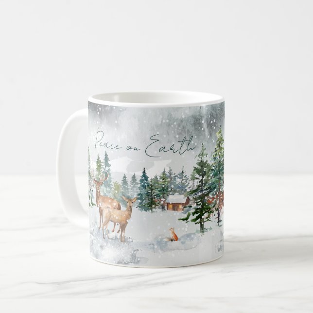 Mug Paix sur Terre Forêt de neige Animaux Noël (Devant gauche)