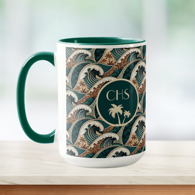 Mug Palmiers Polynésiens Vagues Plage Vintage Monogram (Créateur téléchargé)