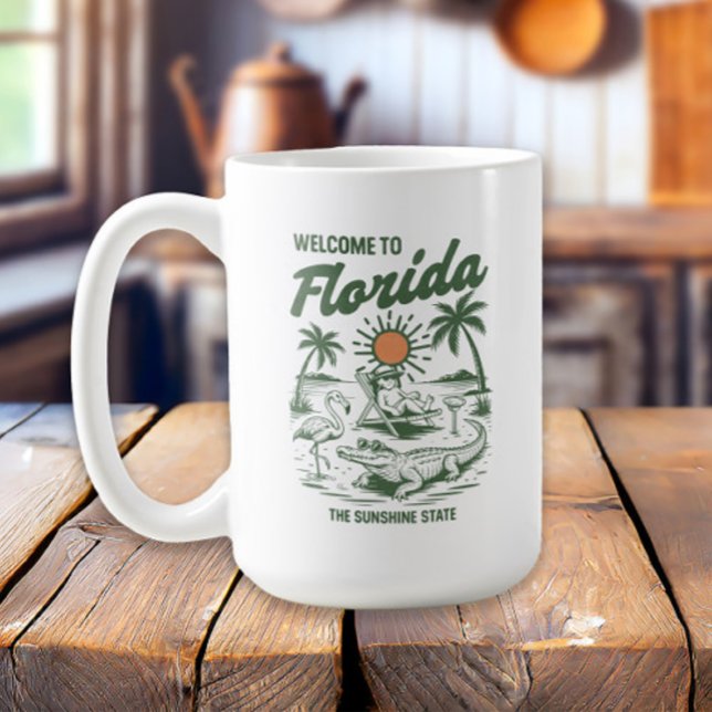 Mug Palmiers Rétro Floride Alligator Coucher de Soleil (Palm trees and sunset Welcome to Florida mug)