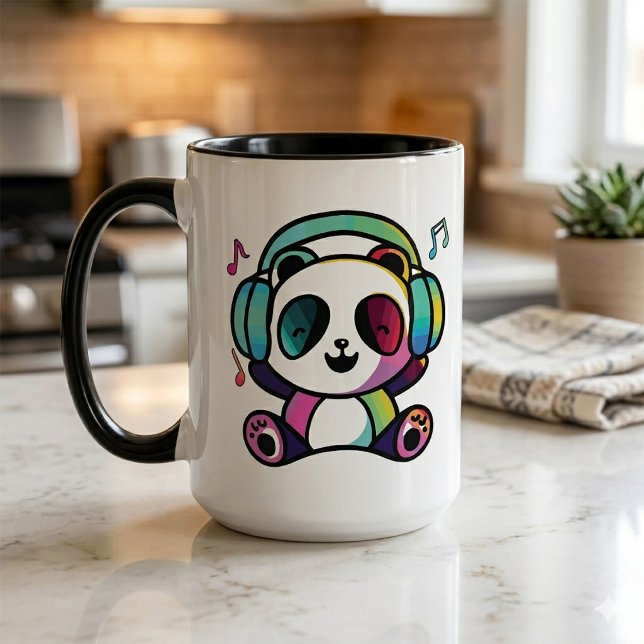 Mug Panda heureux avec des écouteurs en train d'écoute (Happy Panda with headphones listening to music. Mug)