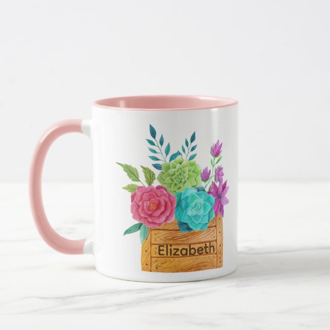 Mug Panier de fleurs à monogramme Aquarelle  (Gauche)