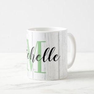 Mug Panneau à grain de bois blanc avec monogramme pers