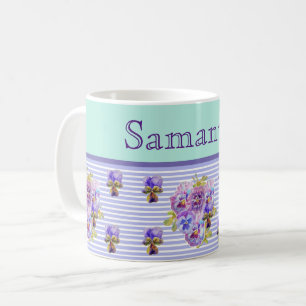 Mug Pansy Flower Aqua Bande art floral personnalisable