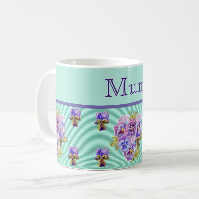 Mug Pansy Flower Aqua Stripe florale Mum Mothers Day C (Devant gauche)