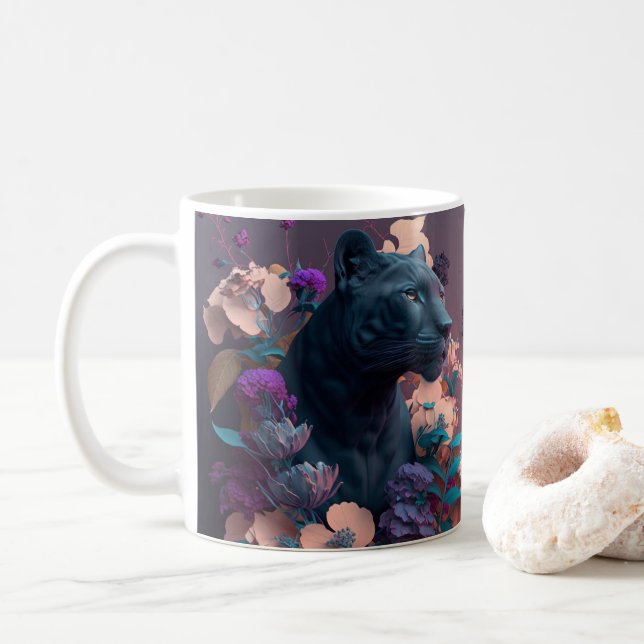 Mug Panthère et Fleurs noires 3D à l'apparence imprimé (Avec donut)