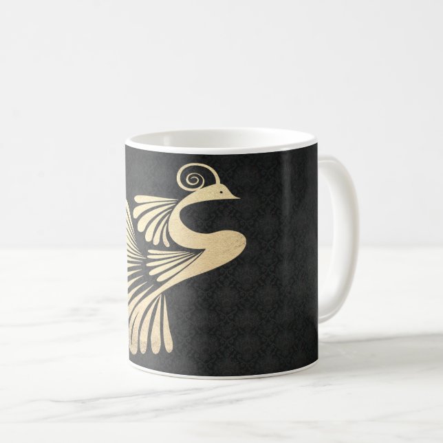 Mug Paon doré élégant, damas noir (Devant droit)