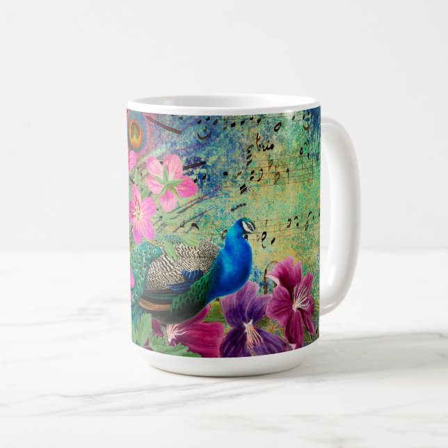 Mug Paon et fleurs grunge illustrés antiques (Devant droit)
